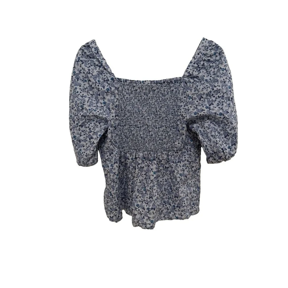 Old Navy Women's M Blue Paisley Smocked Puff Sleeve Babydoll Button Blouse